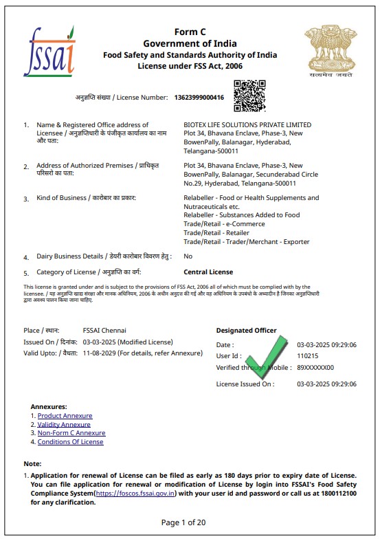 Biotex Life Solutions Certificate FSSAI