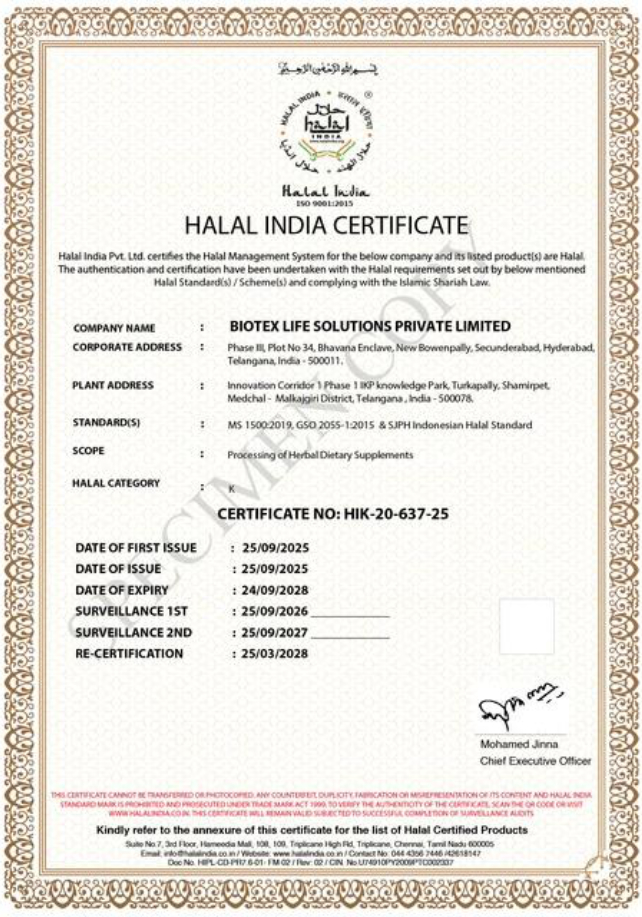 Biotex Life Solutions Halal Certificate