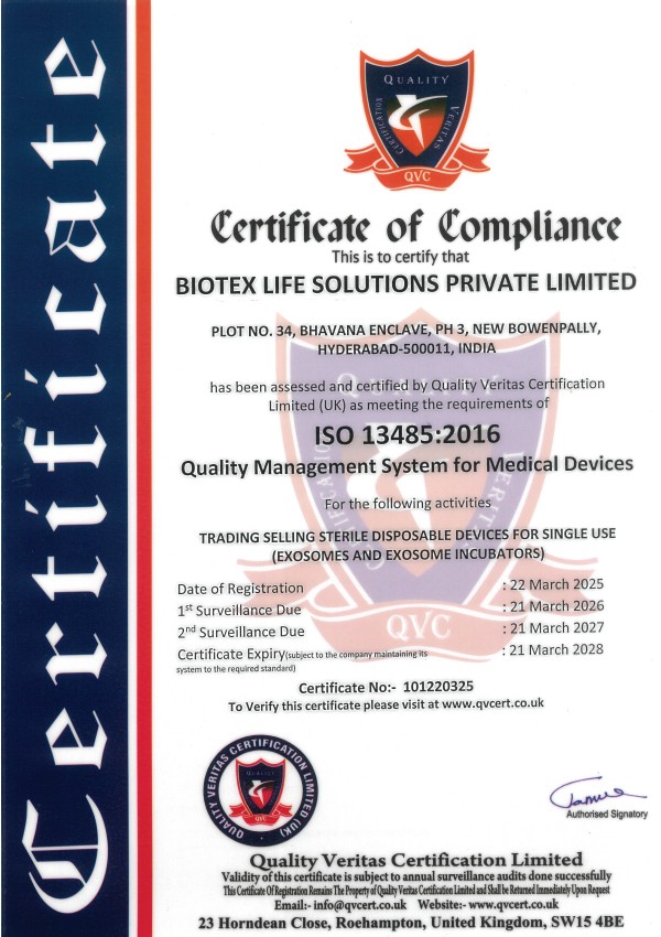 Biotex Life Solutions Certificate of Compliance QCERT