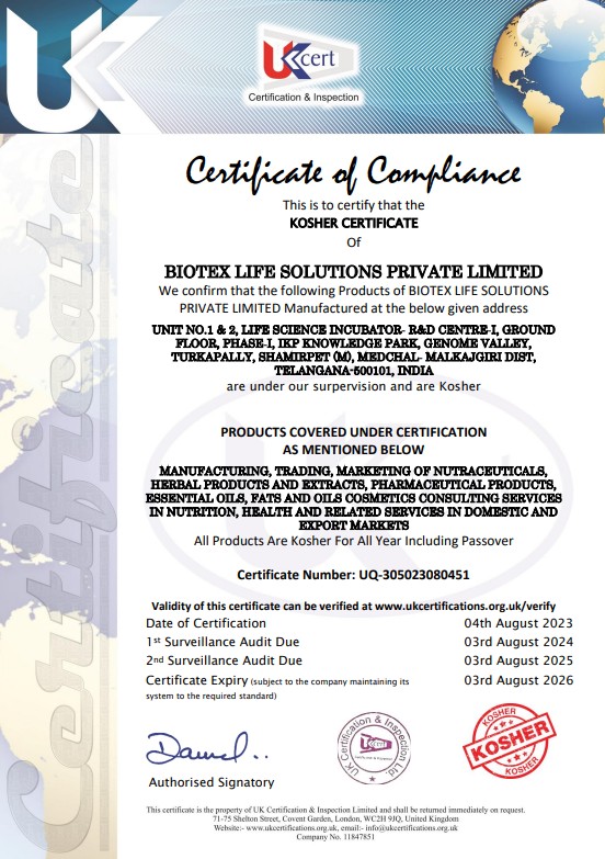 Biotex Life Solutions Certificate of Compliance UCERT