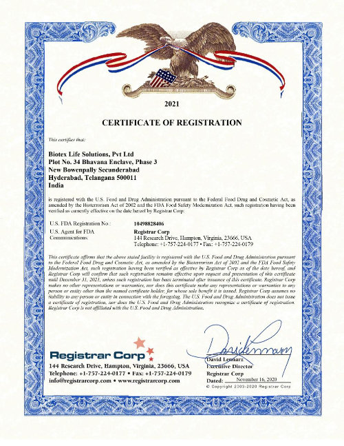 Biotex Life Solutions Certificate of Registration