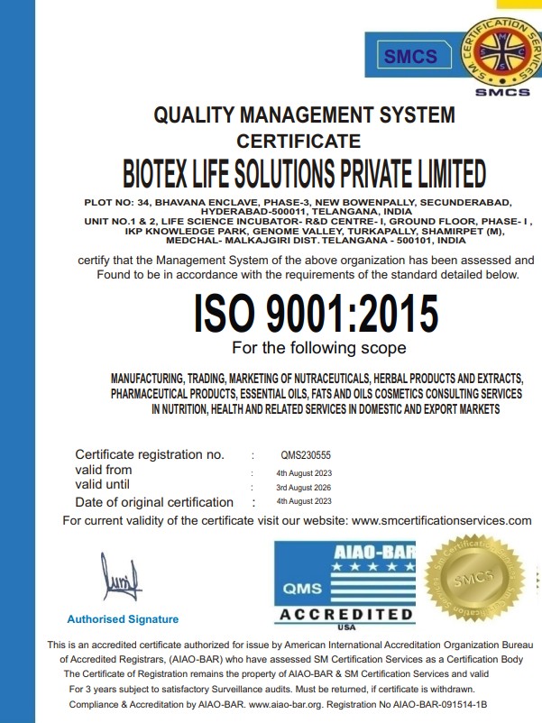 Biotex Life Solutions Certificate of Quality Management System