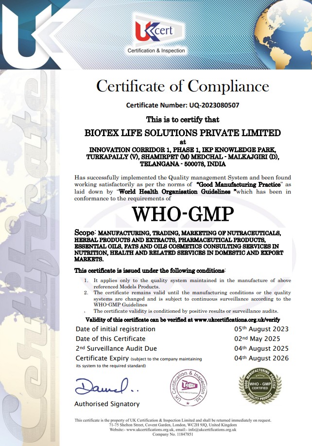 Biotex Life Solutions Certificate of WHO GMP